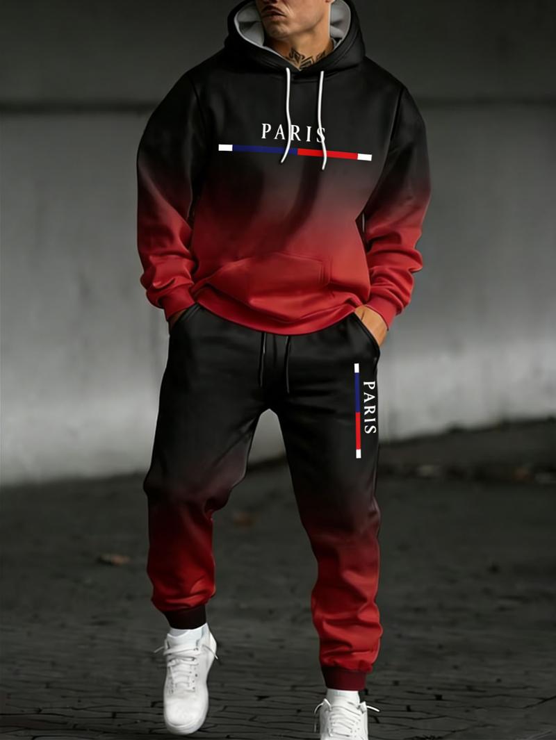Autumn and Winter Black and Red Gradual Color Change 2024 Hot Selling Men's Street Fashion Hoodie Set