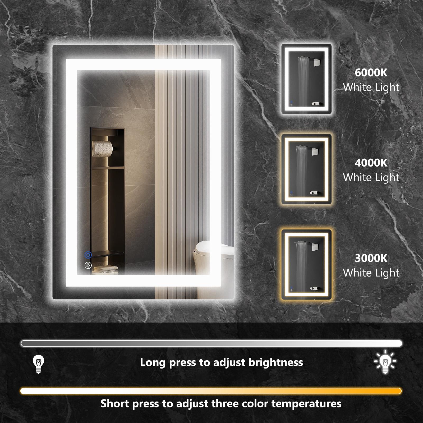 Bathroom Vanity Mirror - Anti-Fog, Dimmable Rectangle Mirror with Front & Backlight, Smart Memory Function, Tempered Glass