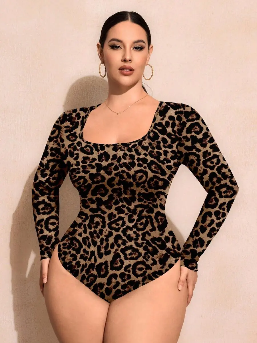 Velia x  [FS] Plus Size Leopard Print Crew Neck Bodysuit, Casual Vintage Fitted Top Long Sleeve Bodysuits For Women Cheetah Winter
