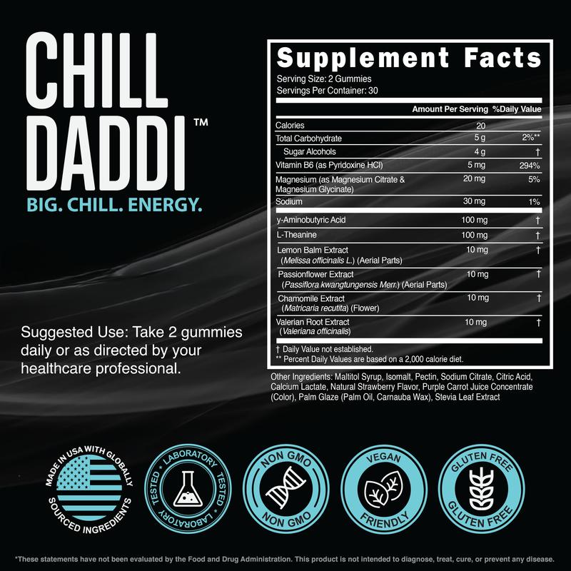 Chill Daddi - Premium Calm Support Gummies - Strawberry Flavor, 60 Count - L-Theanine, GABA & Magnesium Supplement - Dietary - Vitamin