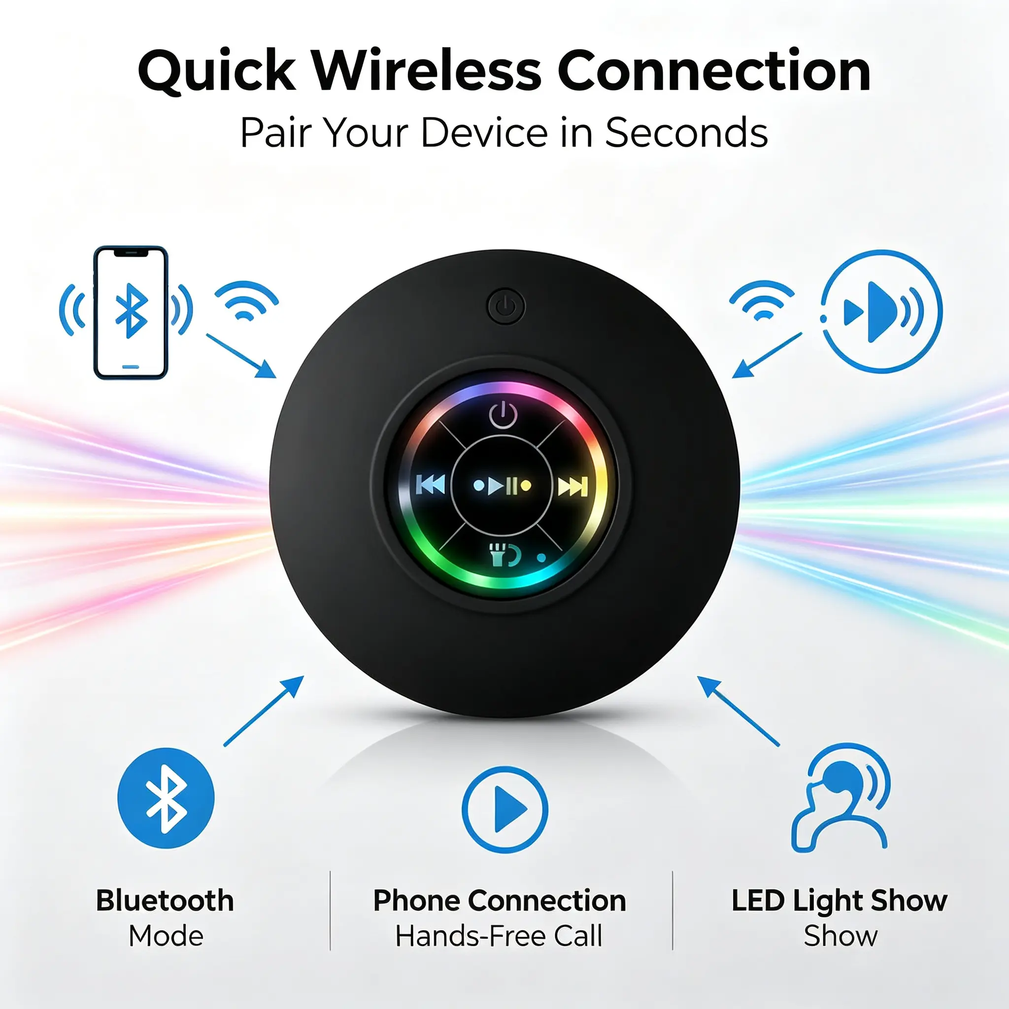 IPX6 Waterproof Bluetooth Speaker with Stunning LED Light Show, Hands-Free Calling, USB Rechargeable for Shower, Camping