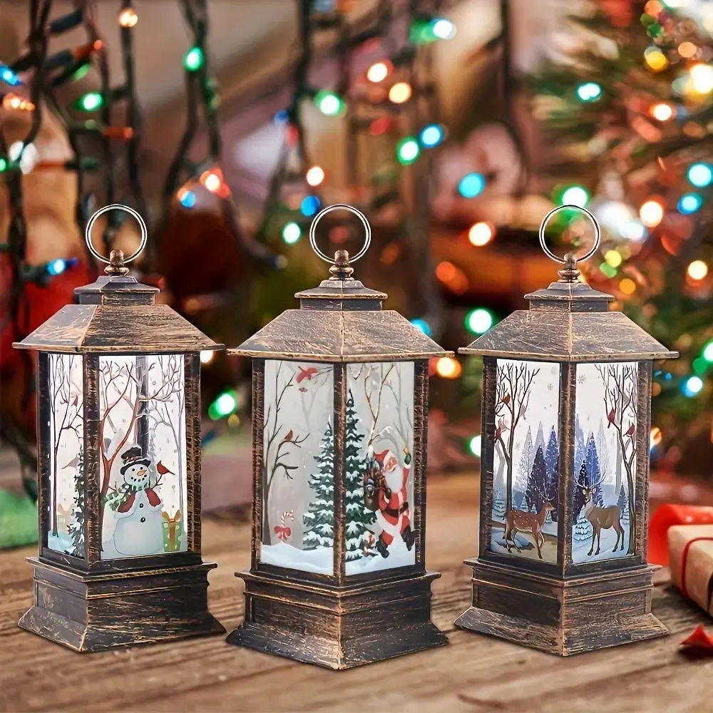 Festive Mini LED Candle Lantern Light Set - Hanging Ornaments with Holiday Seasonal Motifs (Santa-Claus, Snowman, Reindeer Charm) - Warm Glow Indoor/Outdoor Christmas Decor (Battery Not Included)