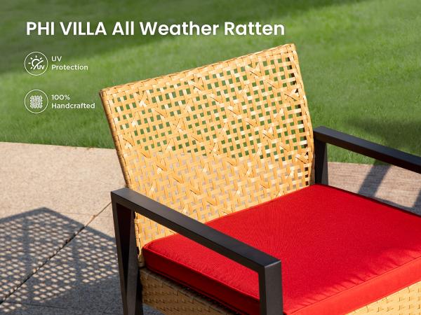 Phi Villa 4-Piece Patio Conversation Set - Wicker Chairs, Acacia Wood Coffee Table, Solid Wood Tabletop, Durable & Stylish Outdoor Design Furniture, Deals for You