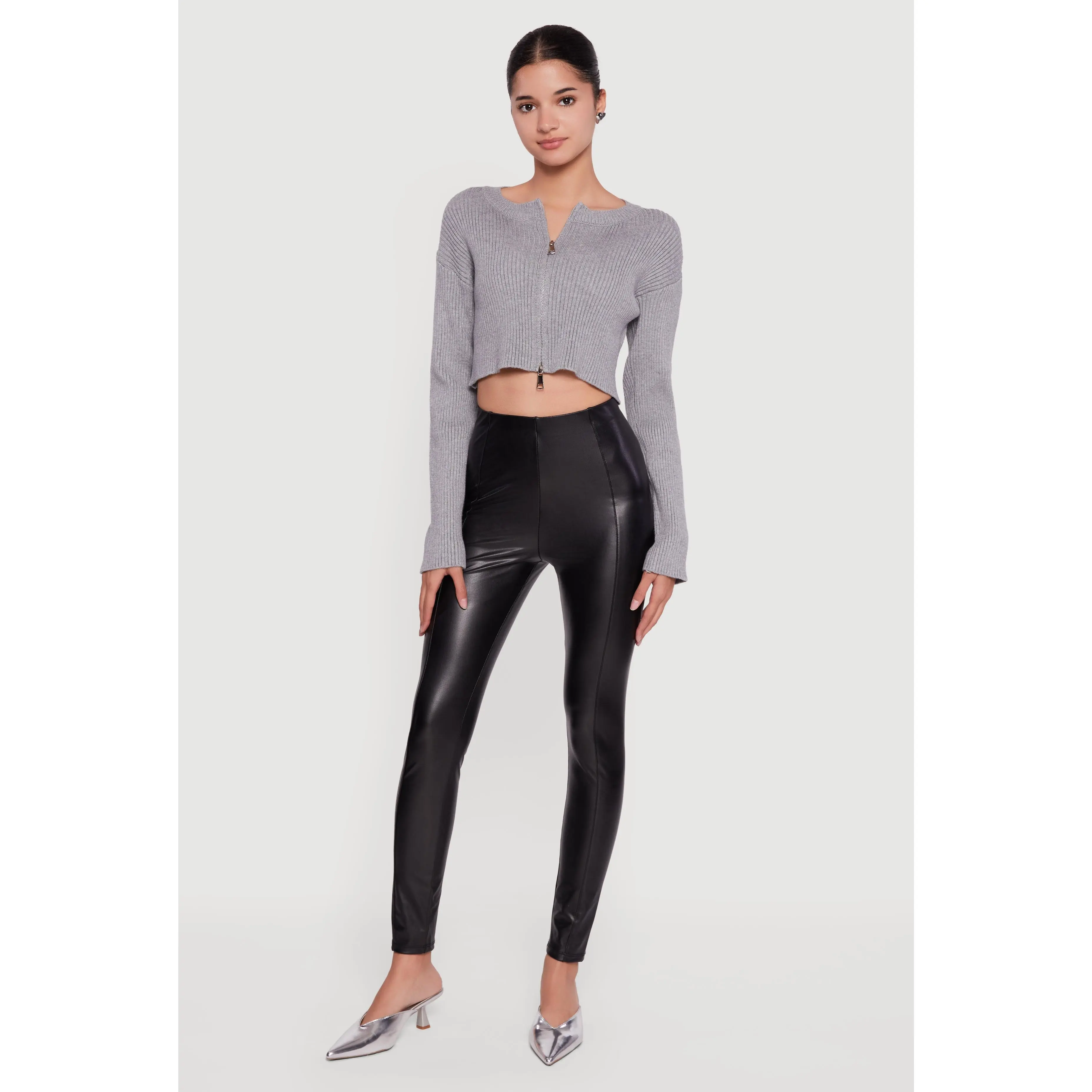 Ribbed Knit Long Sleeve Zip Front Cropped Sweater