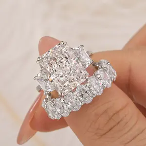 Maxine S925 Sterling Silver Three Stone 8.0ct Radiant Cut 2PC Engagement Ring Set,Bridal Set Rings,Women's Ring Jewelry,Wedding Ring Set for Daily,Travel,Proposal,Birthday,Anniversary