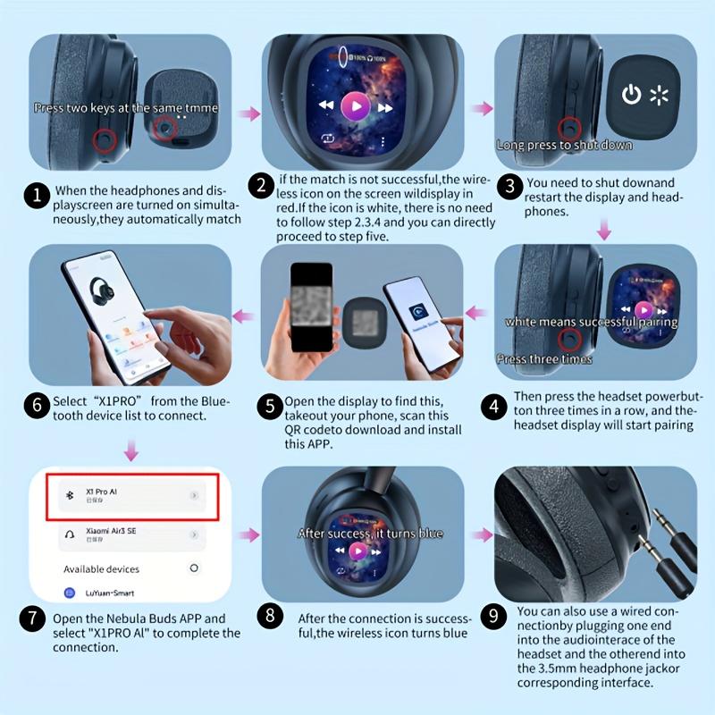 VUB Bluetooth LCD Touchscreen Wireless Headphones with DIY Wallpapers and Multiple Features