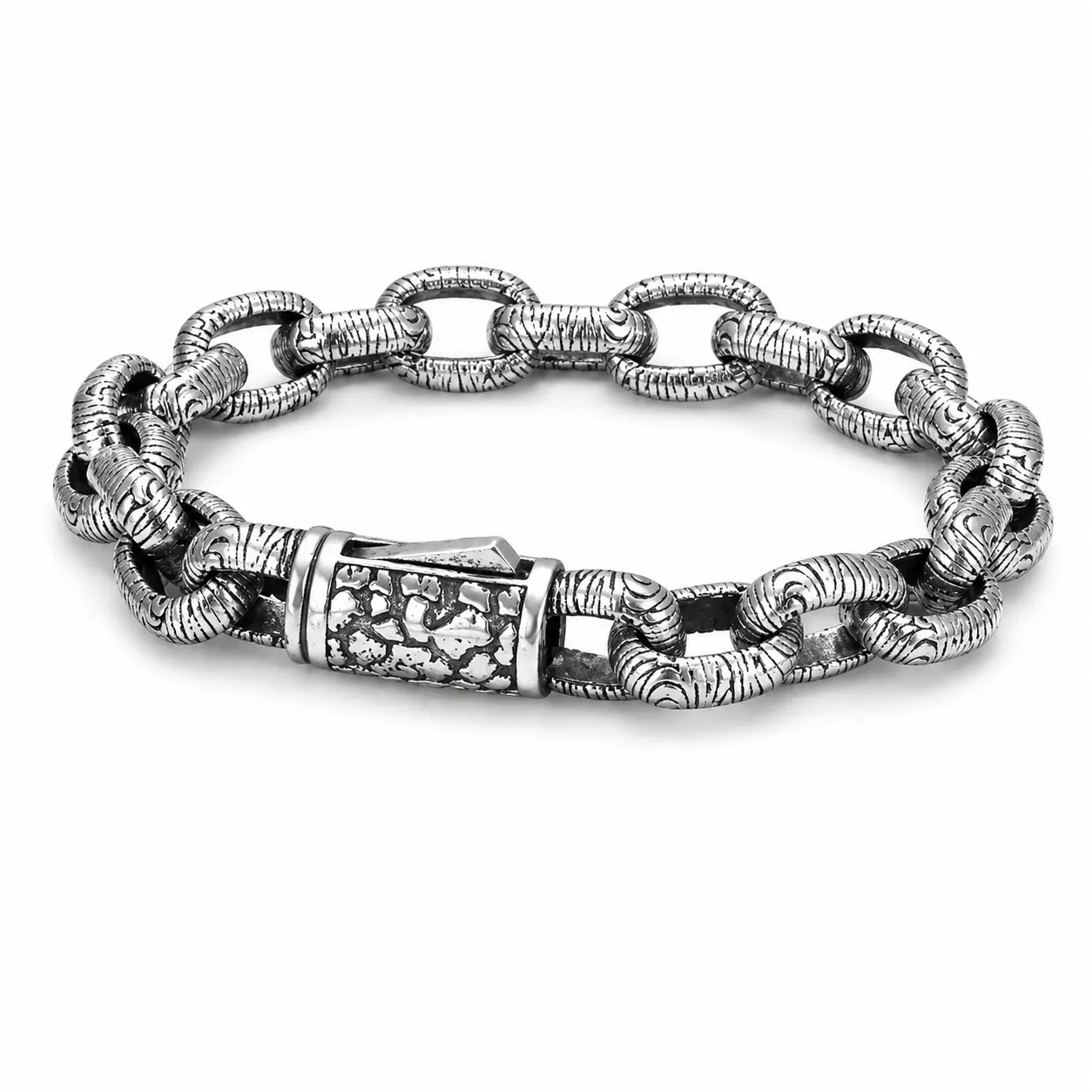 Antique Bark Textured Thick Oval Link Bracelet For Men, Copper Plated Silver Vintage Oxidized Biker Punk Heavy Duty Wrist Jewelry Gift