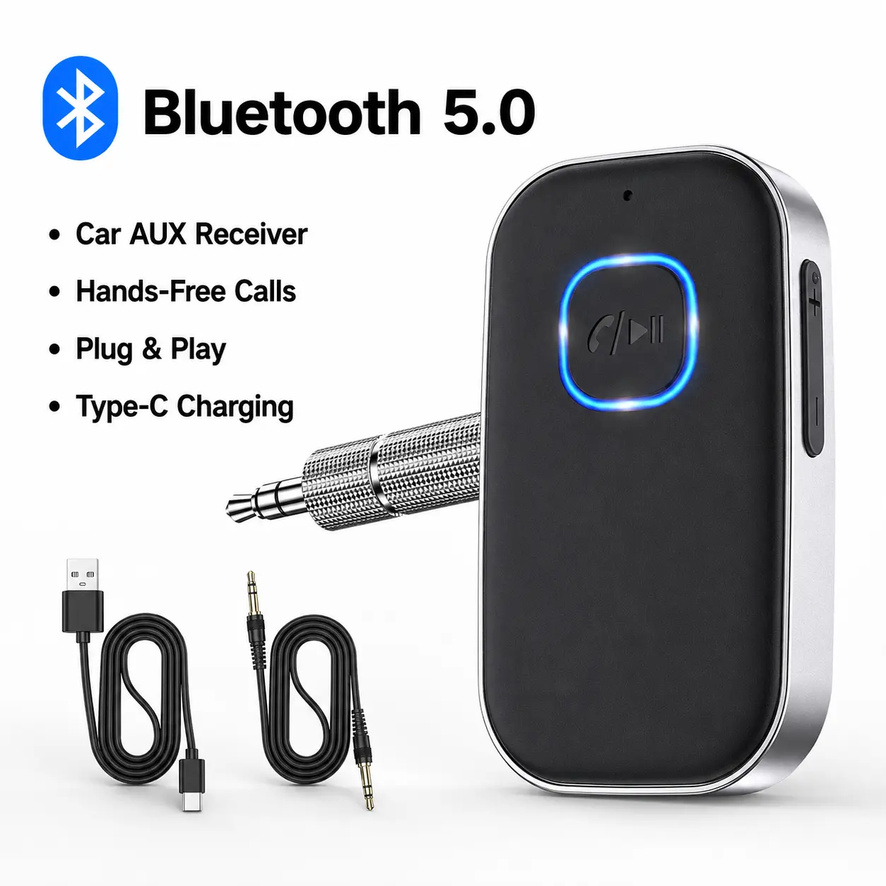 Bluetooth Car Adapter, 3.5mm AUX Bluetooth Receiver with Noise Cancelling, Hands-Free Calling, 16H Battery Life for Home Stereo/Wired Headphones