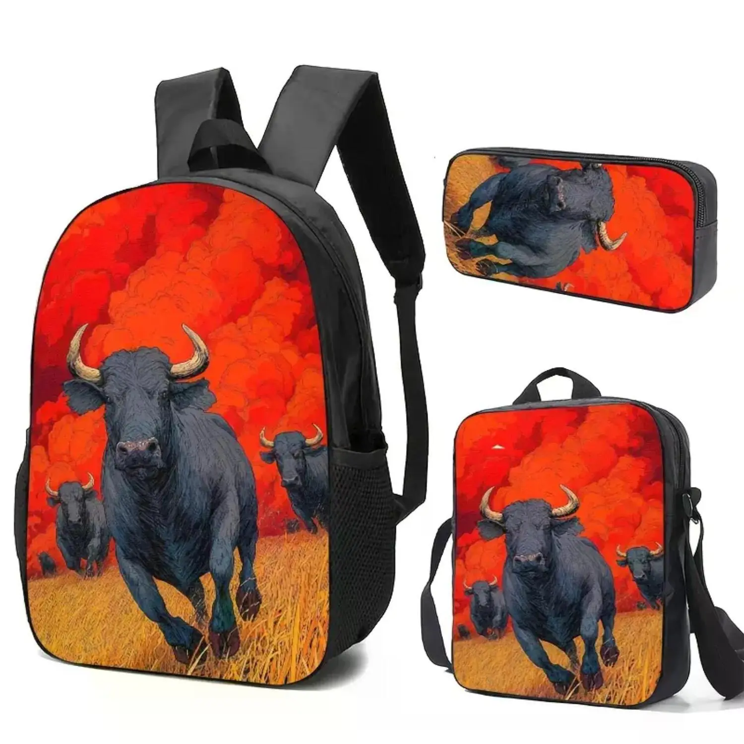 3-Piece Bull Dynamic Print Set - Fiery Orange Gym Backpack, Pencil Case, and Lunch Bag with Adjustable Straps, Spacious Design, and High-Definition Printing for Everyday Use and Outdoor Adventures