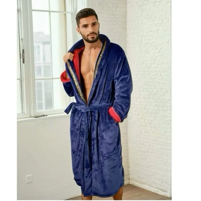 Royalty Robes Men's Soft Stylish Ultra Plush Long Sleeve Blue Fleece Bathrobe - Red Interior, Gold Greek Key Trim, Pockets, Double Layer Casual Menswear Loungewear Housecoat