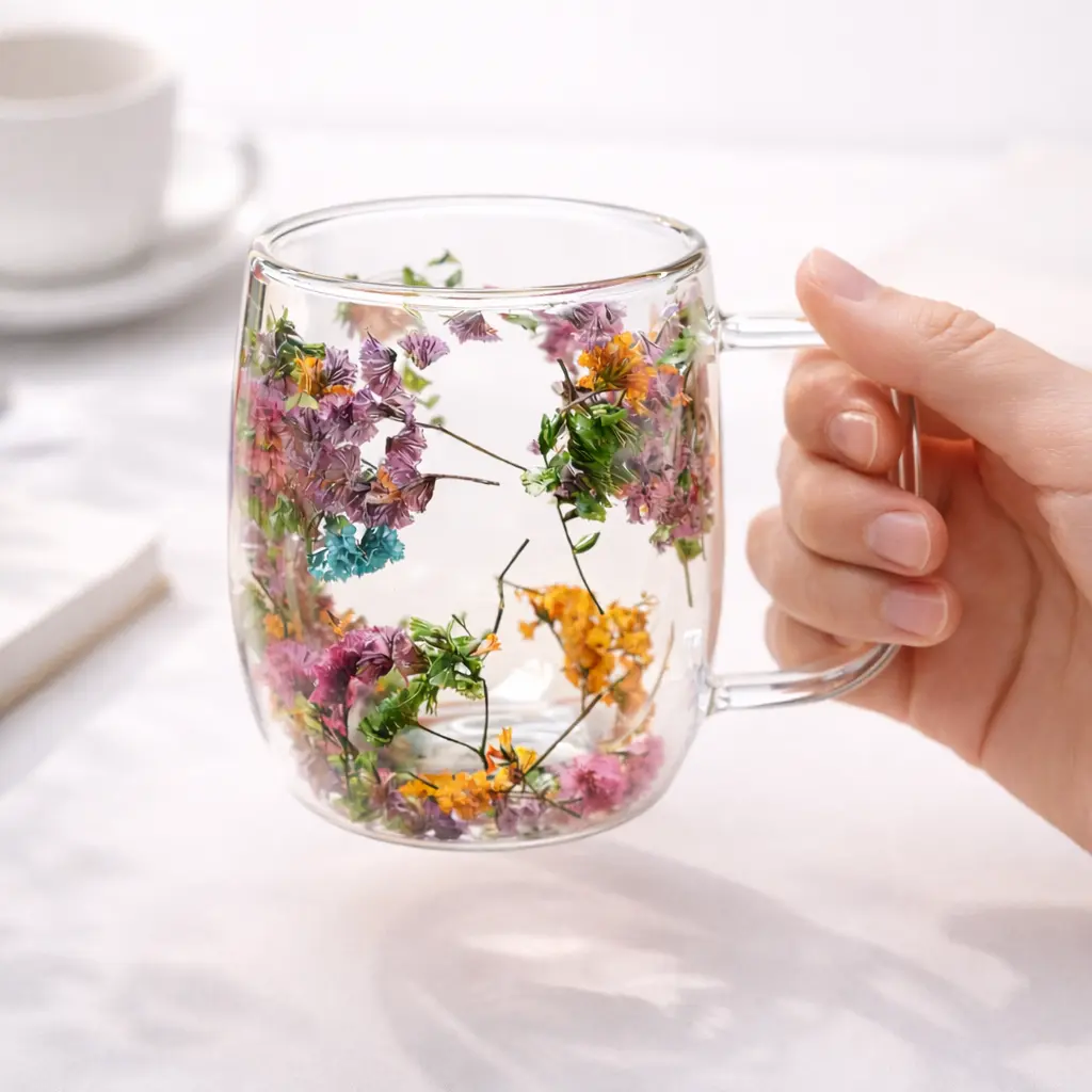 Double Walled Glass with Dried Flowers, 350ml Insulated Clear Coffee Cup,  Handmade Floral Glass Cup with