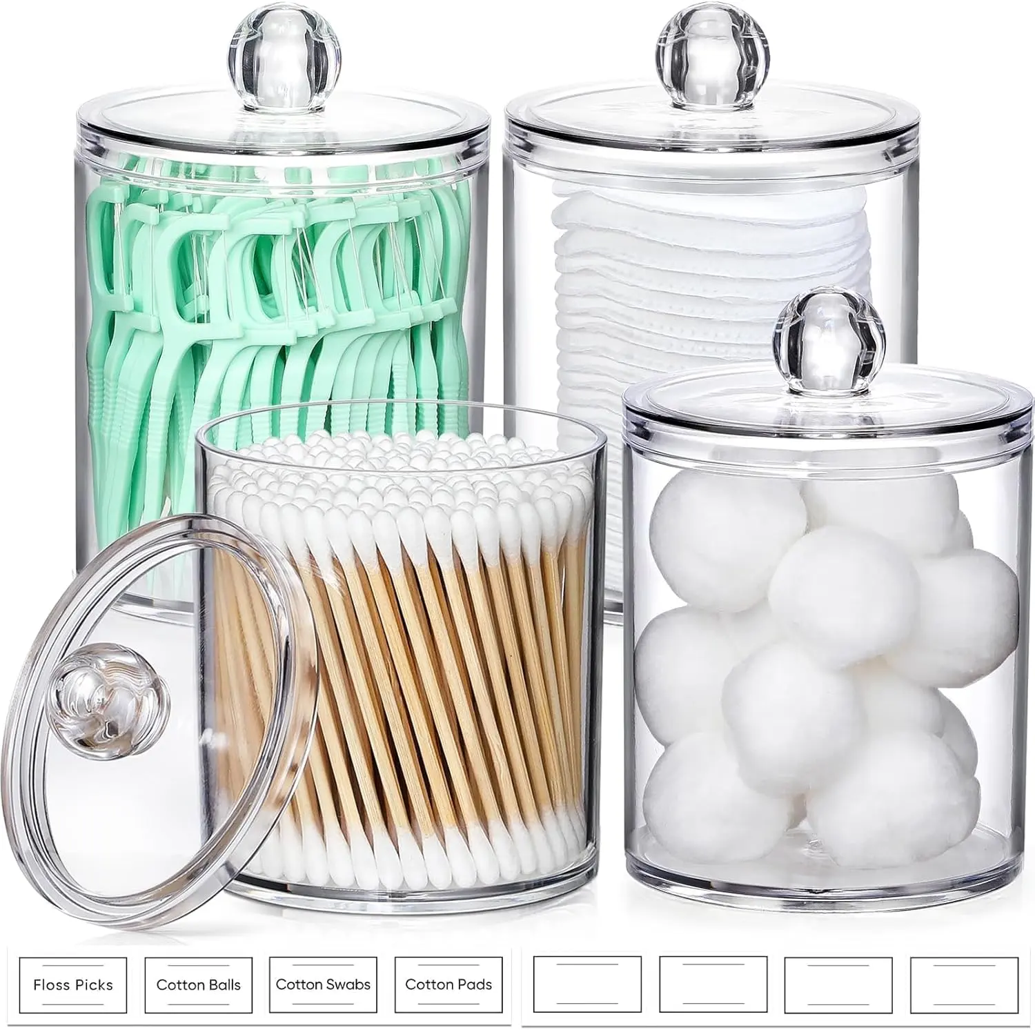 4 Pack Acrylic Qtip Holder Dispenser for Cotton Swabs, Balls, Pads, Floss Picks- Small Clear Acrylic Canister Apothecary Jar Set, Bathroom Essentials Accessories Decor, Vanity Makeup Storage Organizer AOZITA