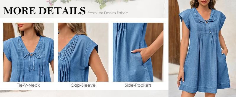 Imily Bela Womens Denim Mini Dress Casual Summer Cap Sleeve Tie V Neck Loose Babydoll Jean Dresses