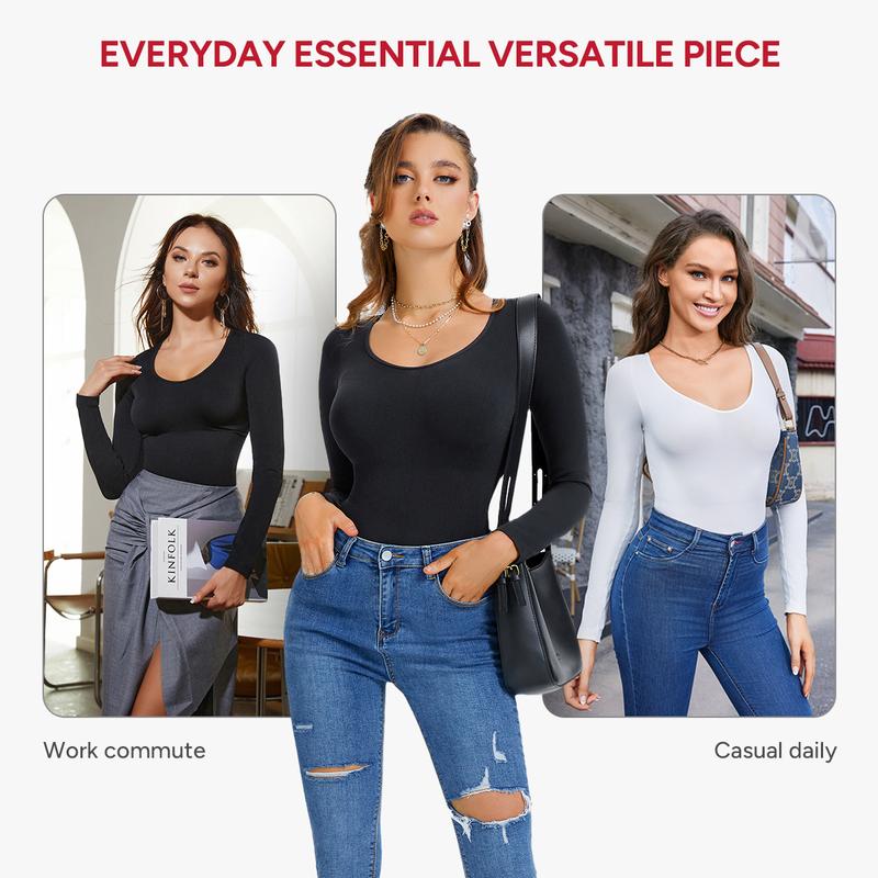 Nebility Women's Seamless Bodycon Dress with Tummy Control Butt Lifting V-Neck Long Sleeve Jumpsuit for Women Shapewear One Piece Basic Black+Black Compression Womenswear