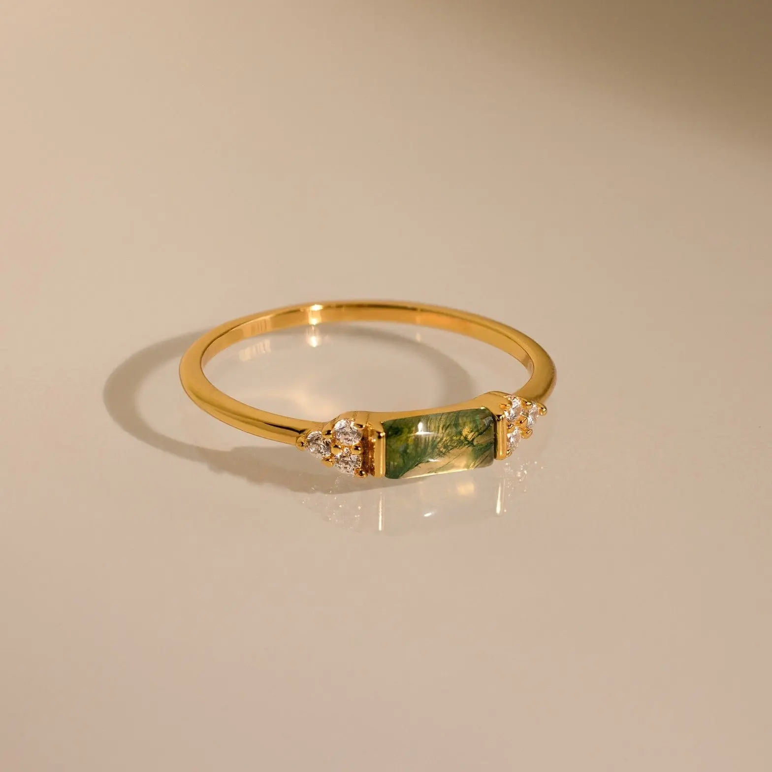 Agate Baguette Ring by Caitlyn Minimalist - Dainty Green Moss Agate & Diamond Gemstone Ring in Gold - Minimalist Promise Ring - Gift for Girlfriend
