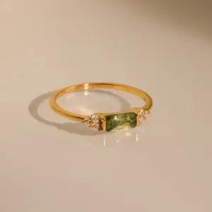 Agate Baguette Ring by Caitlyn Minimalist - Dainty Green Moss Agate & Diamond Gemstone Ring in Gold - Minimalist Promise Ring - Gift for Girlfriend