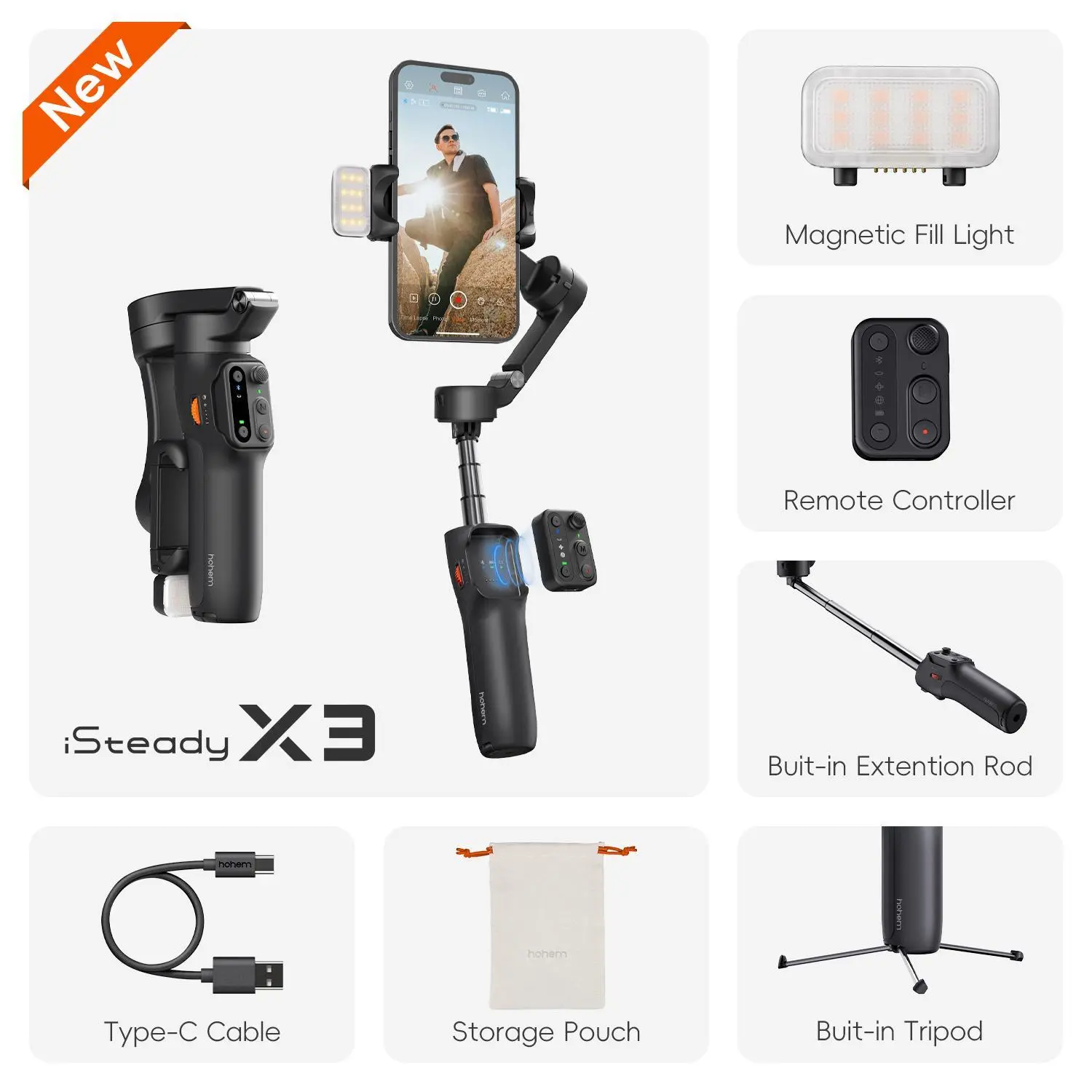 X3 Black（led light+build in extension rod/tripod)