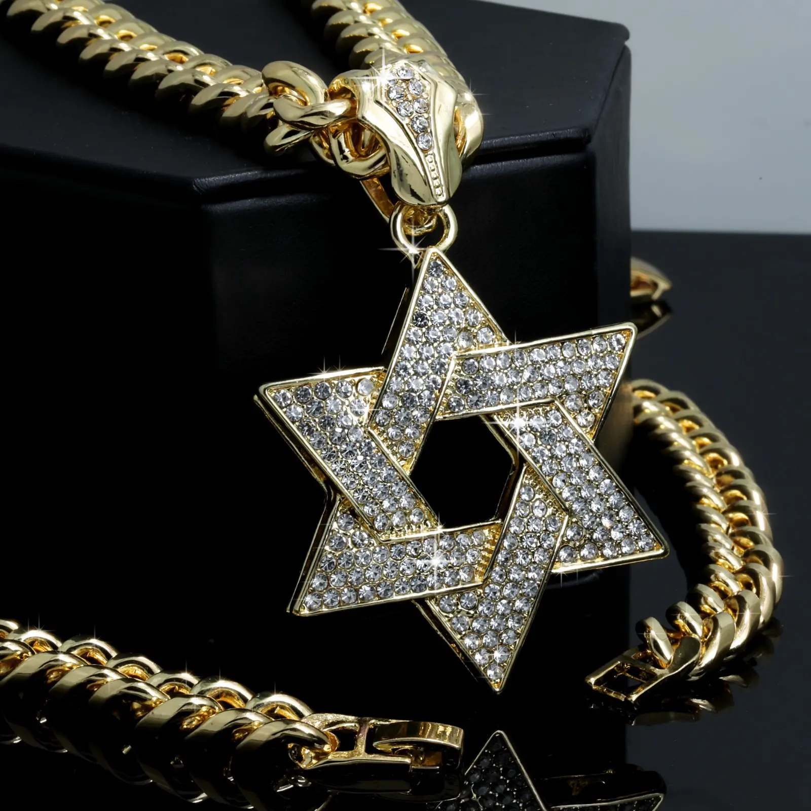 MaxBling81 Men's Hip Hop Star of David Celebrity-Inspired Necklace, Gold-Plated CZ Pendant on 10mm Cuban Chain Links, 18-30 Inch, Celebrity-Inspired Necklaces, Chain Links Necklaces
