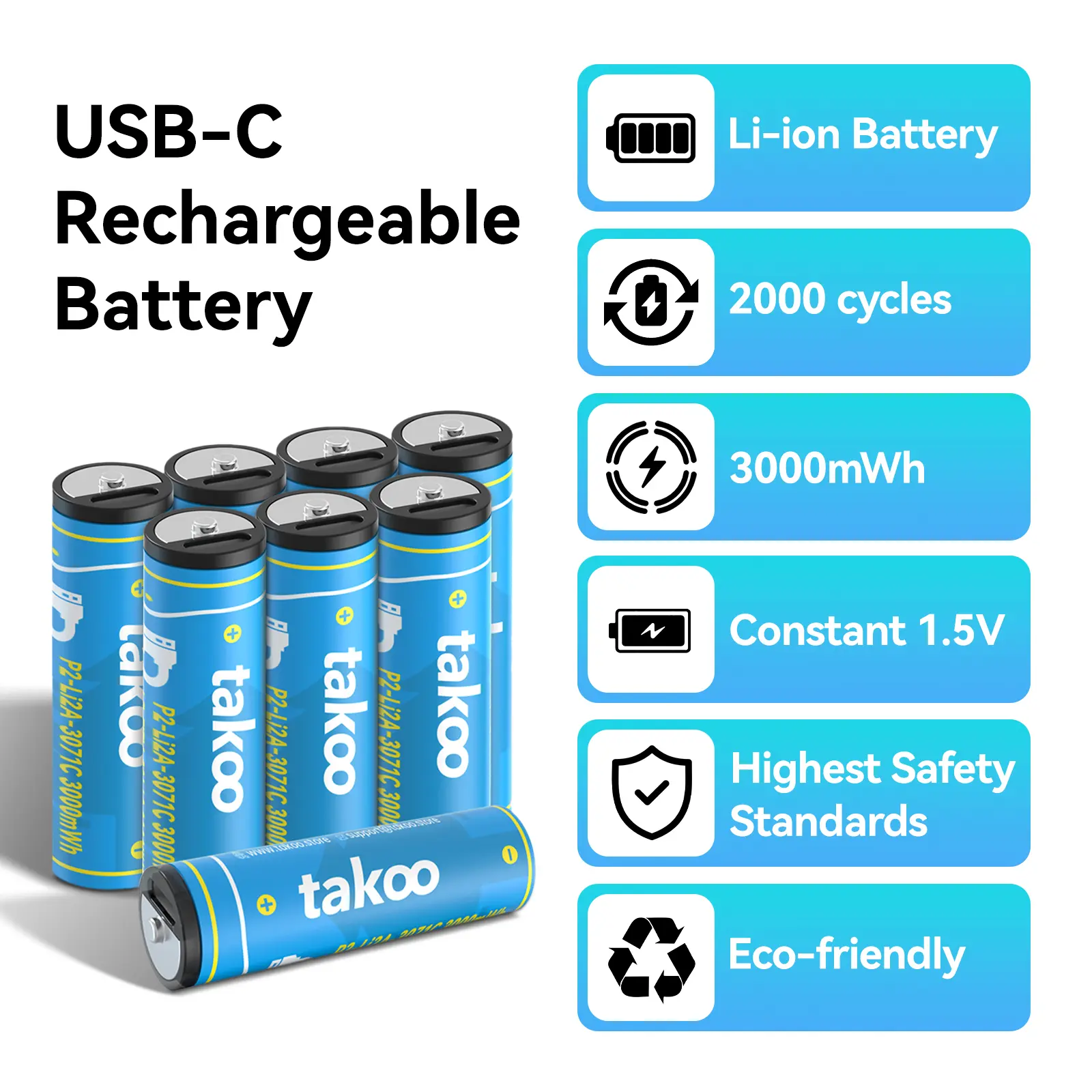 TAKOO 3000mAh Rechargeable Lithium AA/AAA Batteries, 4/8 Pack High Capacity 1.5V USB-C Li-ion Batteries, 2000+ Cycles, 1.5h Charge - Great for Blink Outdoor Cameras, Game Controllers & Toys (TikTokShopBackToSchool)