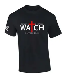 Mens Christian Shirt Always Keeping Watch Matthew 24:42 Scripture American Flag Sleeve T-shirt Graphic Tee