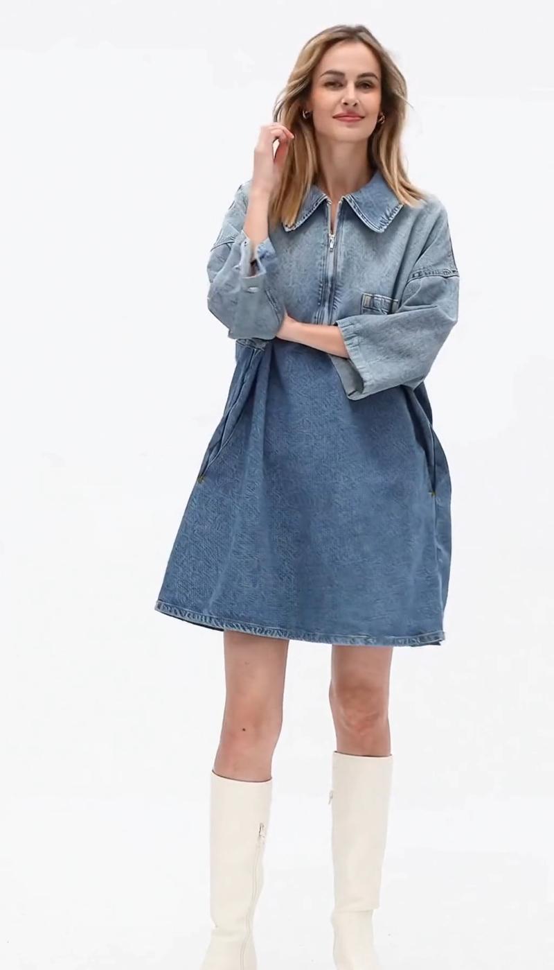 Elengatine Women's Denim Dress Half-Zip Collared Vintage Washed Blue Loose Fit Long Sleeve One Chest Pocket Trendy Casual Top for Daily Wear & Street Style Looks - Chic Autumn and Winter - Womenswear Suitable for all people, sizes range from XS - 5XL Elengatine Women's Denim Dress Half-Zip Collared Vintage Washed Blue Loose Fit Long Sleeve One Chest Pocket Trendy Casual Top for Daily Wear & Street Style Looks - Chic Autumn and Winter - Womenswear Suitable for all people, sizes range from XS - 5XL