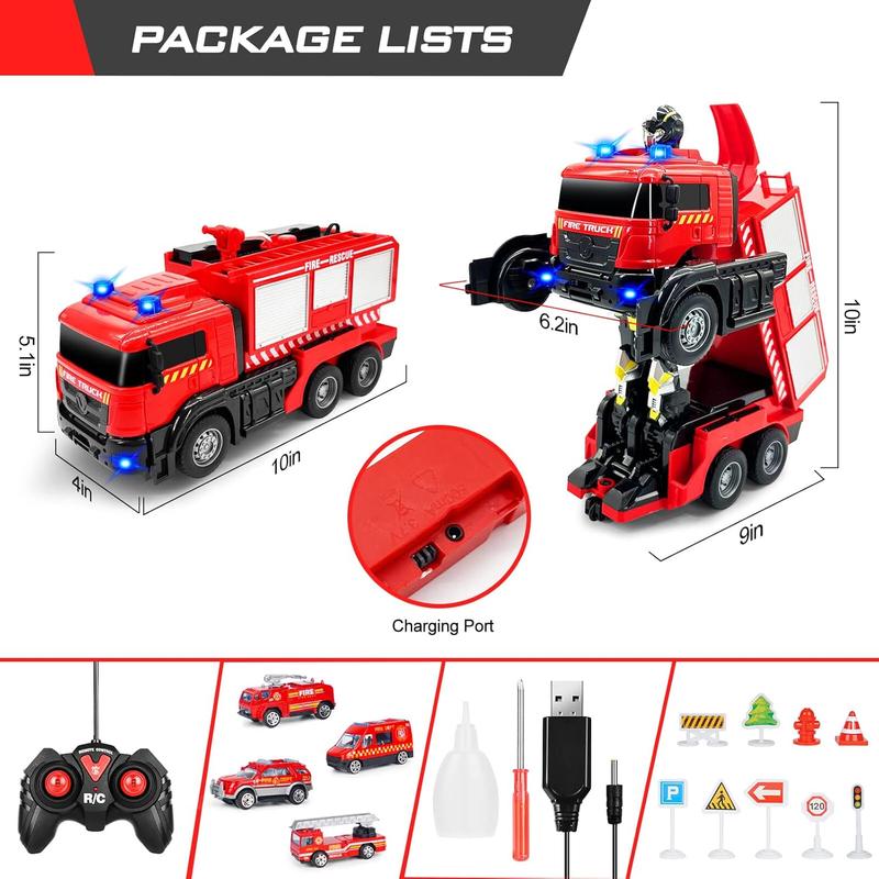 Remote Control Fire Truck with LED Sounds, RC Car Toy with 3pcs Small Firetrucks and 10pcs Roadblock Models, One Button Press Spraying Water Transformer Fire Truck for Kids Toddlers Boys