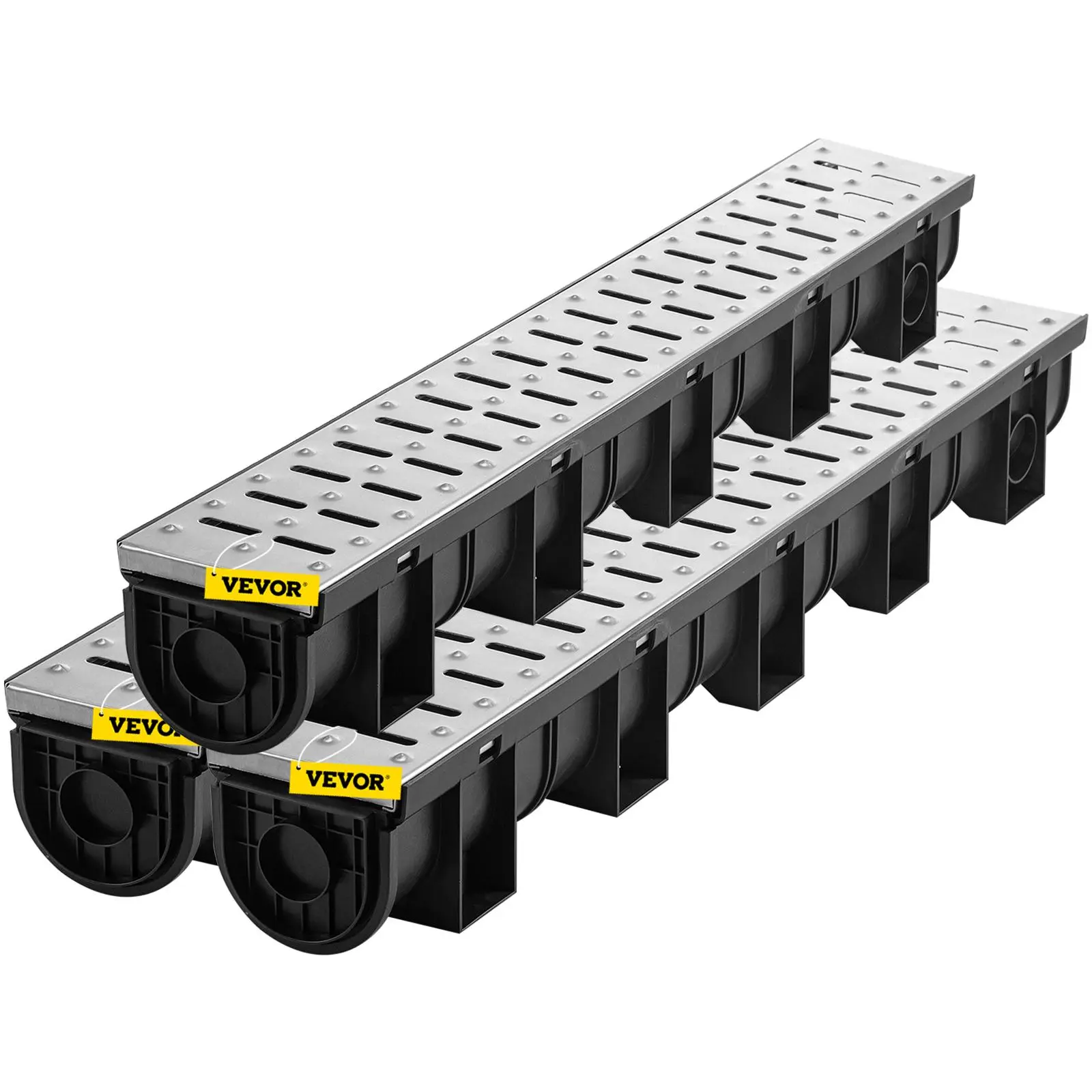 【Summerfinds】VEVOR Trench Drain System Channel Drain with Metal Grate5.9x5.1-Inch HDPE Drainage TrenchBlack Plastic Garage Floor Drain3x39 Trench Drain Gratewith 3 End Capsfor GardenDriveway-3 Pack