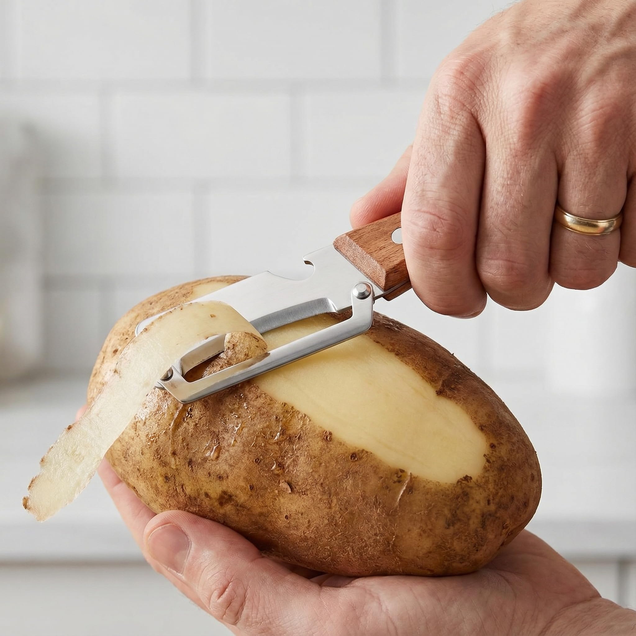 Wooden-Handled Stainless Steel Sharp Peeler with Built-In Bottle Opener for Fruits & Vegetables Ergonomic Non-Slip Handle Long-Lasting Construction Essential Kitchen Tool
