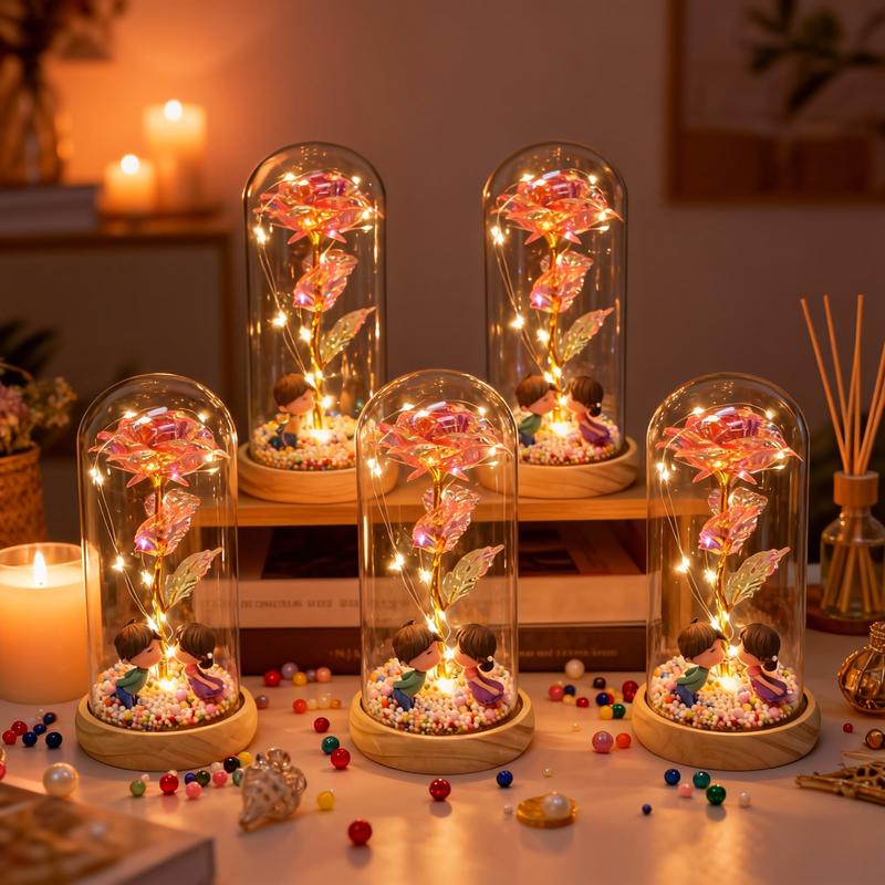 Valentine's Day Gift: Eternal Rose Bouquet in Glass Dome Features LED-illuminated roses and couple dolls Requires 3 AAA batteries (not included) Creative Gift Recommendation: Perfect for parents, girlfriend, boyfriend, daughter, or sister