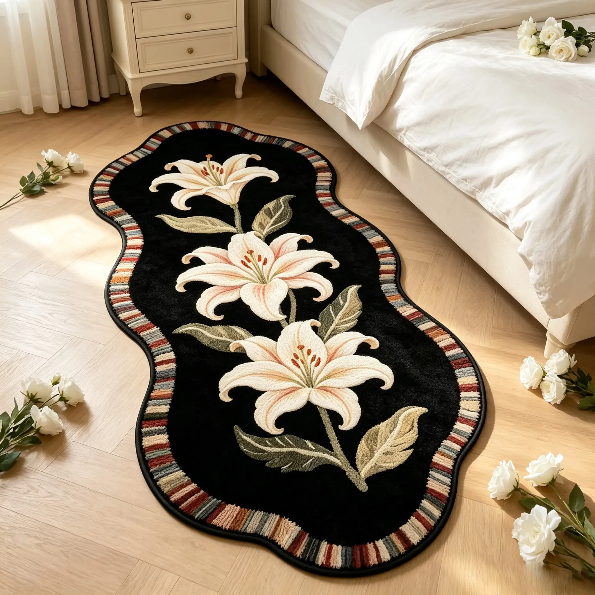Vintage French Floral Rug, Asymmetric Shape, Lily Pattern, Soft Comfortable Mat, Hand Wash Only, Ideal for Living Room, Bedroom, Kitchen, Indoor Rugs