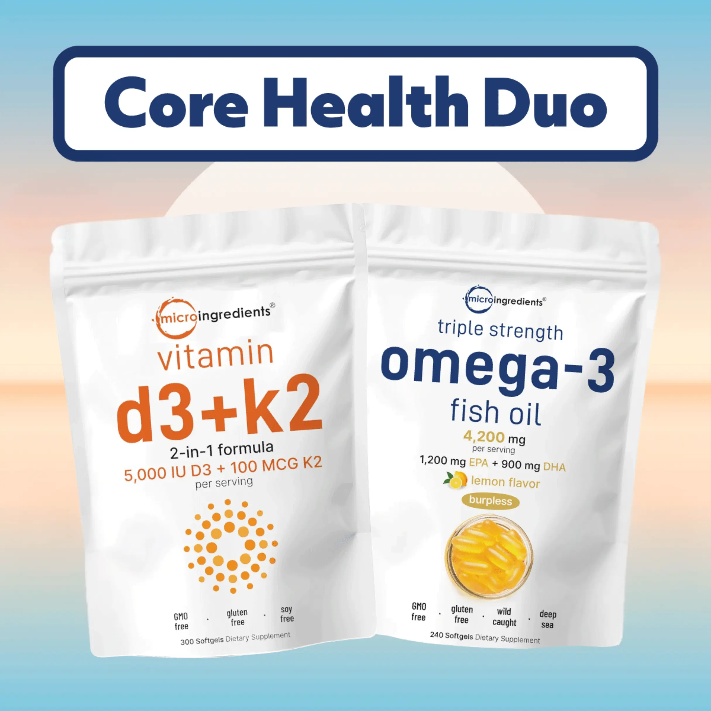 Micro Ingredients Core Health Duo: Vitamin D3 K2 5000IU 300sg + Triple Strength Omega 3 Fish Oil 240 sg
