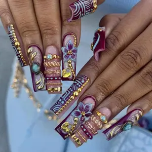 Chic Nail Studio Burgundy Royal Press-On Nails, 3D Gold Beads Vintage Rings Crystal Accents, Deep Wine Marble Base, Handmade Luxury Nail Art, Elegant Summer Evening Vacation Nails