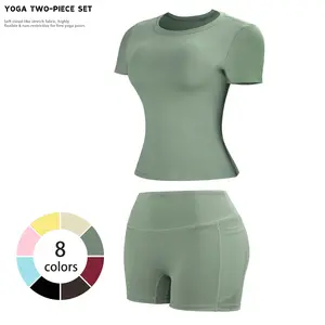 New Women's Two-Piece Set, High-End Solid Color T-Shirt and High-Waist Fitted Shorts Activewear Set, Leisure Breathable Quick-Drying Set, Suitable for Yoga and Gym Wear, Women's Summer Sports Outfit, Athletic Wear, Fitness and Running Clothing