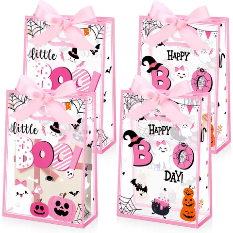 12/24 Pcs Halloween Gift Bags with Ribbon Border, 7x10x3.15" Reusable Waterproof Tote, Transparent View Gift Package for Women, Festive Party Supplies (Wedding, Baby Shower), Reusable Tote