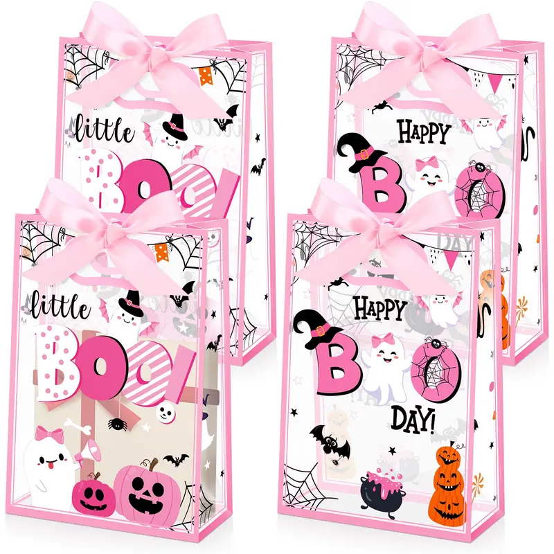 12/24 Pcs Halloween Gift Bags with Ribbon Border, 7x10x3.15" Reusable Waterproof Tote, Transparent View Gift Package for Women, Festive Party Supplies (Wedding, Baby Shower), Reusable Tote