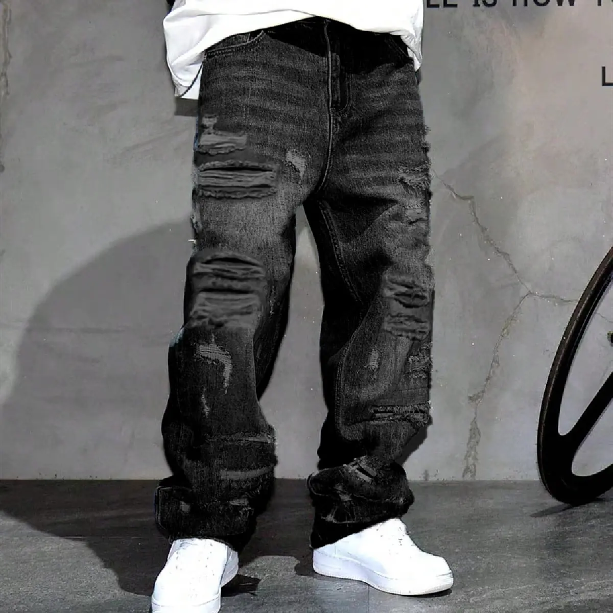 SRETOUU Men's Heavy Distressed Black Baggy Jeans Vintage Washed Wide Leg Denim Pants for Streetwear Loose Fit Durable Fabric - Menswear Trouser