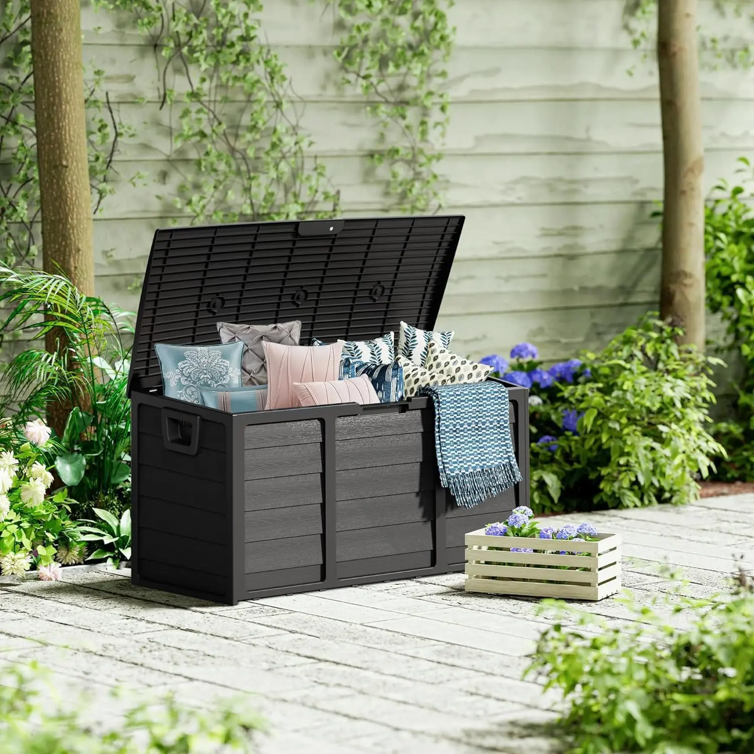 Intergreat 75 Gallon Outdoor Deck Storage Box - Heavy Duty Resin Container with Lockable Lid & Handles for Patio, Garden, Yard - Weatherproof (Black)#Summervibes