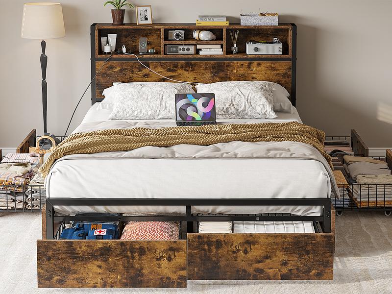 Raybee 6 Drawers Wood Bed Frames for King Queen Full, Luxury Platform Bed Frame with Storage Head Board & Build-in Power Outlet, Holds up to 1000lbs with Metal Frame & Slats, Noise Free, Space Saving for Bedroom