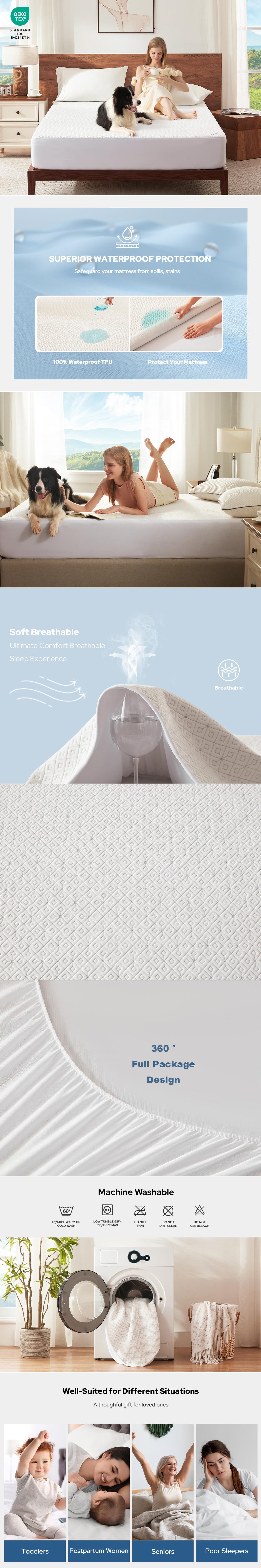 【BEDLORE】Waterproof Fitted Sheet Mattress Protector, Soft Breathable Fabric with 4-Grid Pattern, Stretch Pockets for 6–18 Inch Mattresses, Perfect for Bedroom & Daily Sleep