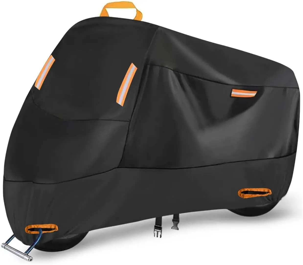 SECELES 300D Thick Nylon Motorcycle Cover - Motorcycle Accessories, 2XL Storage, All-Season Waterproof Outdoor Protection, 4 Reflective Tapes, Lock-Holes, Fits Up to 86" Yamaha/Honda (86"x37"x50"), Xxl 86" Fit