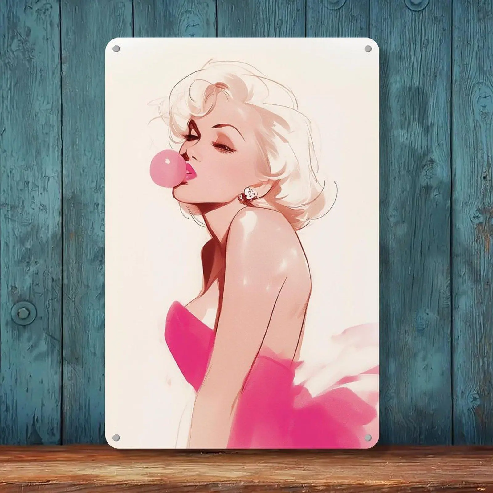 Blonde Pinup Girl Blowing Pink Bubblegum Soft Pastel Pop Art Tin Sign 8x12in Bedroom Salon Wall Decor Metal Tin Sign