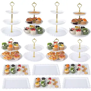Garvee Set of 14 Dessert Stands Including 4 Tiered Cake Stands (3-Level and 2-Level) Plus 6 Rectangular Appetizer Trays and Sturdy Plastic Plates for Cupcakes, Donuts, and Fruits