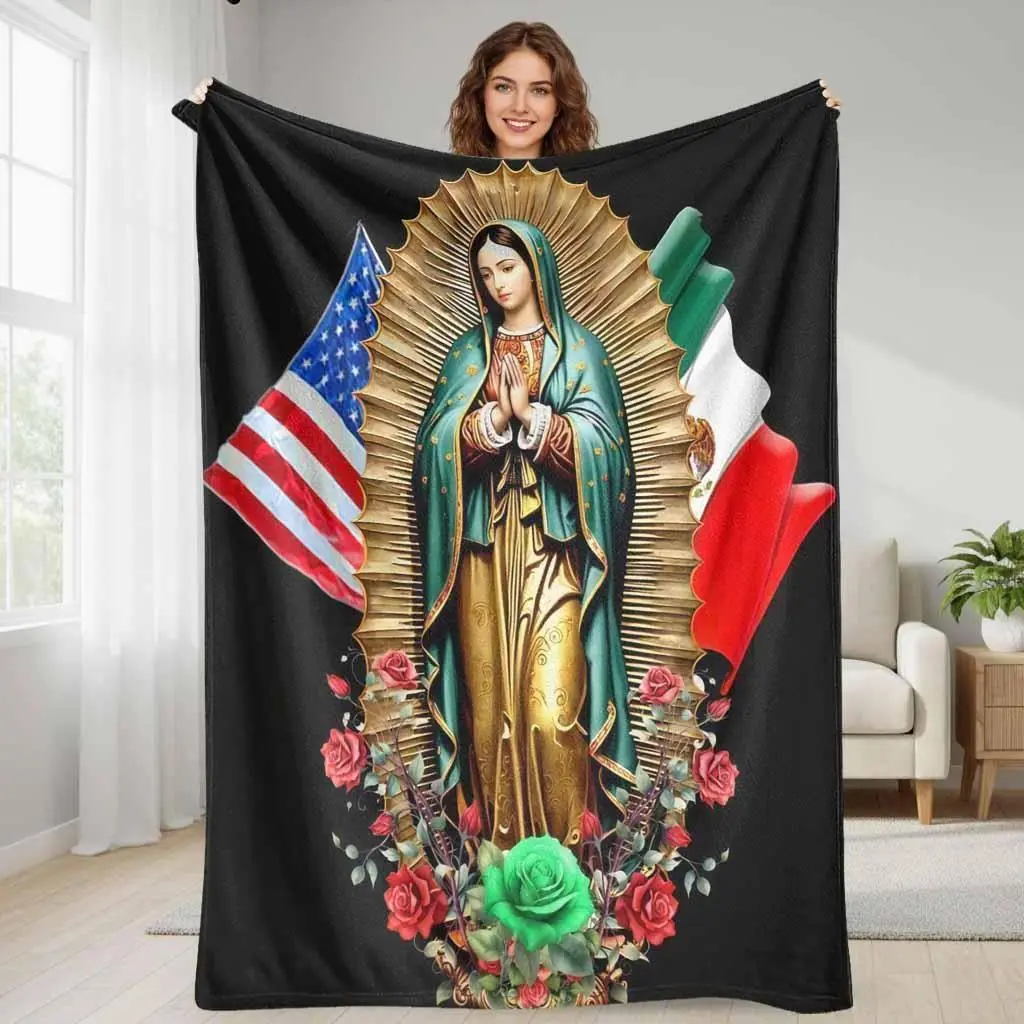 Virgin Mary Flannel Blanket with USA-Mexico Flag Floral Print - Lightweight Fabric, Soft, Warm, All-Season Use - Ideal for Room Decor, House Decor, Indoor/Outdoor Church Gatherings & Gifting, Home