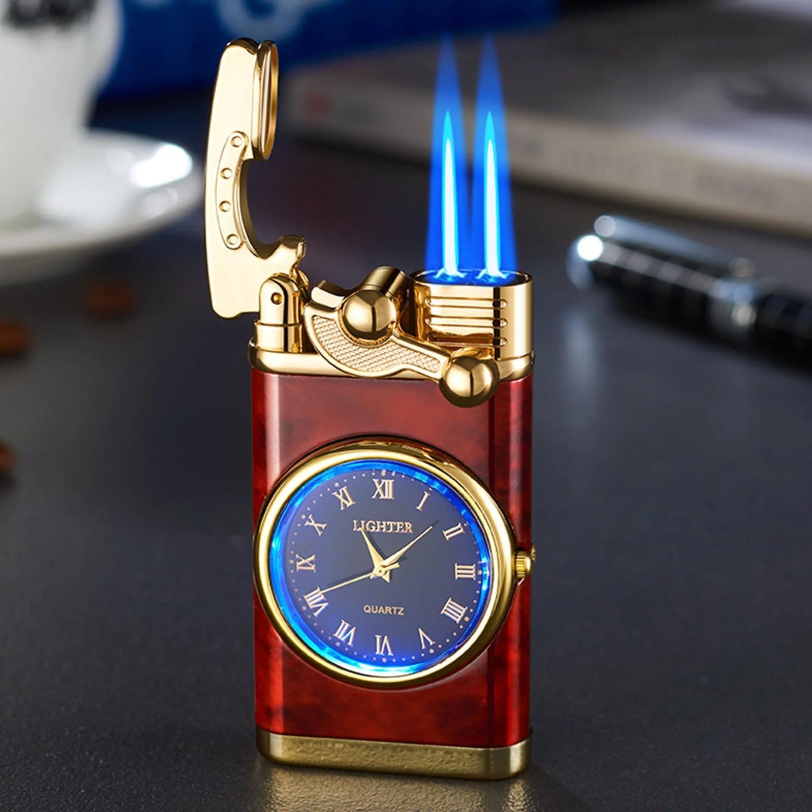 (Butane-free) Retro double-flame windproof lighter, classic clock face design, adjustable flame—refillable, suitable for camping and hiking, an ideal gift for men.