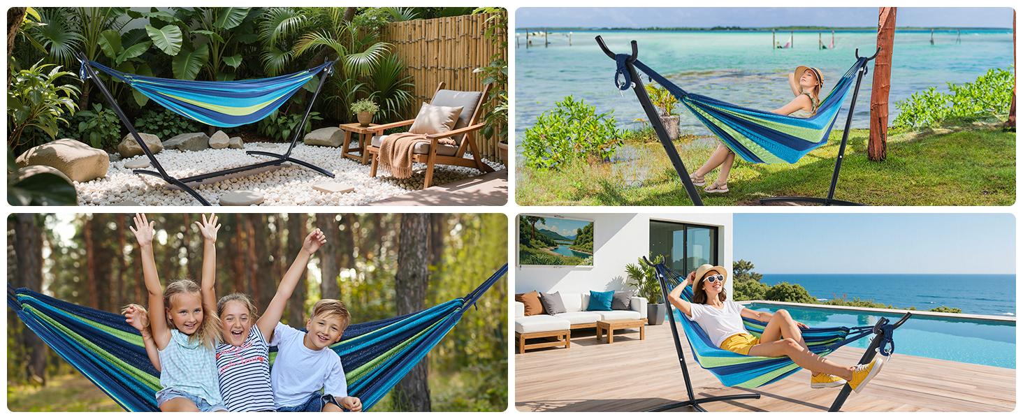 Double Hammock With Carry Bag, With Space-Saving Stand, Heavy-Duty Steel Frame, 450 Lb. Load Capacity, Easy To Assemble, For Patio, Park, Outdoors