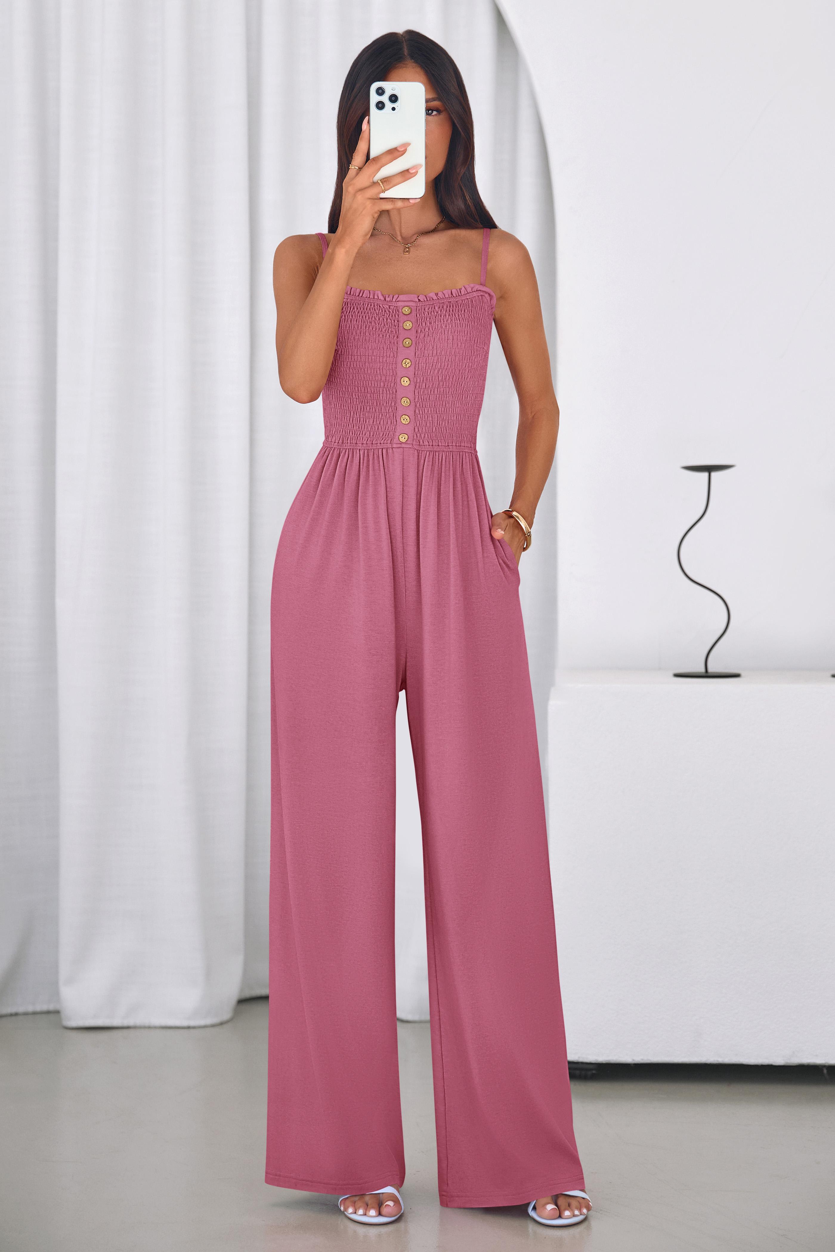 PrettyGarden Jumpsuits for Women Summer Sleeveless Smocked Button Wide Leg Rompers Spring Travel One Piece Outfits