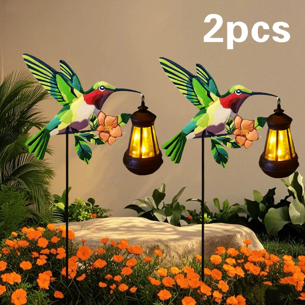 Solar Hummingbird Garden Stake Lights, 2 Pack Colorful & Warm White Outdoor Lanterns for Patio Lawn Pathway Flower Bed Decor