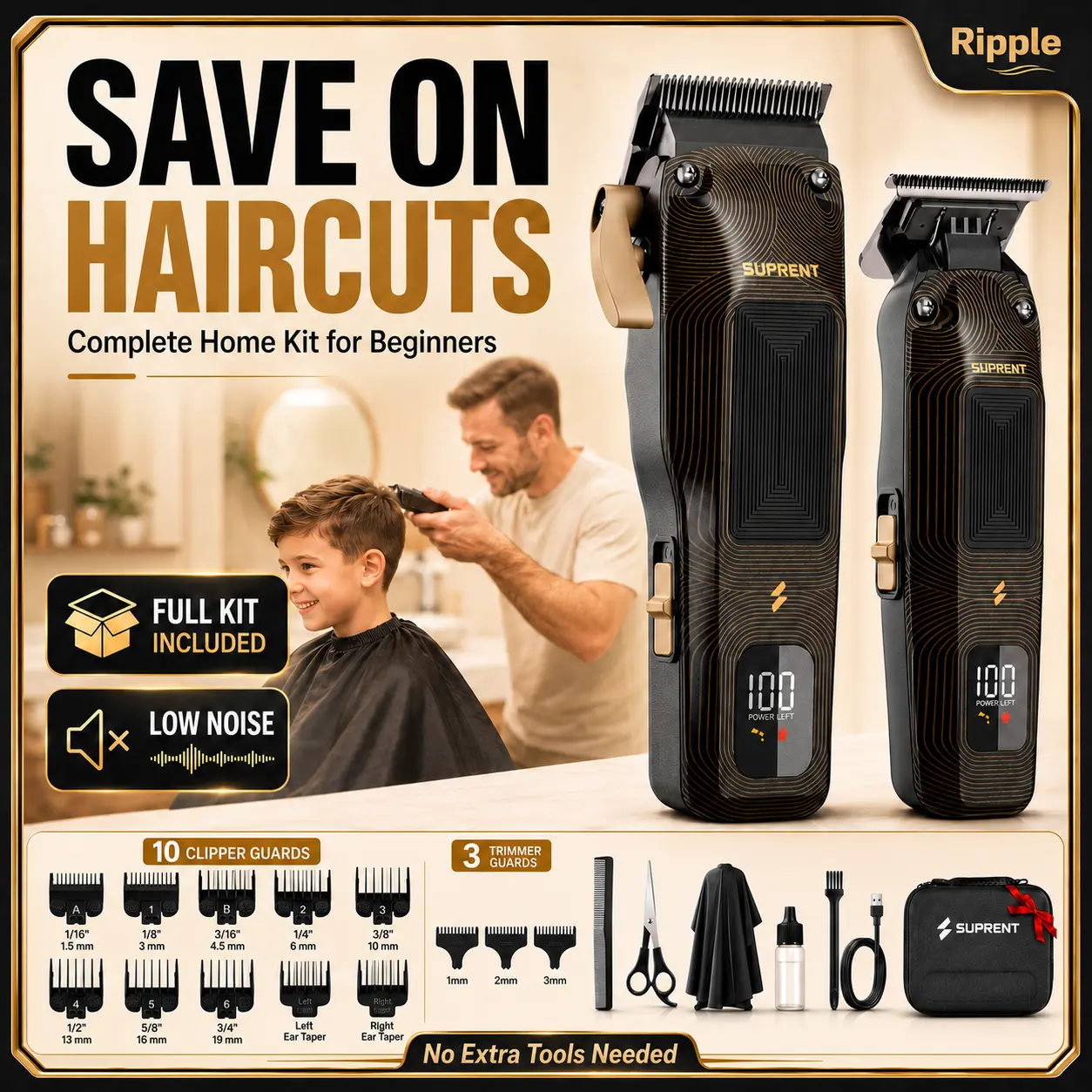 SUPRENT Professional Hair Clippers for Men, Cordless Barber Kit with 7500RPM High-Speed Motor, Zero-Gapped Adjustable Blades, Color Guide Combs & Storage Bag, Black Gold Design tiktokshopbacktoschool