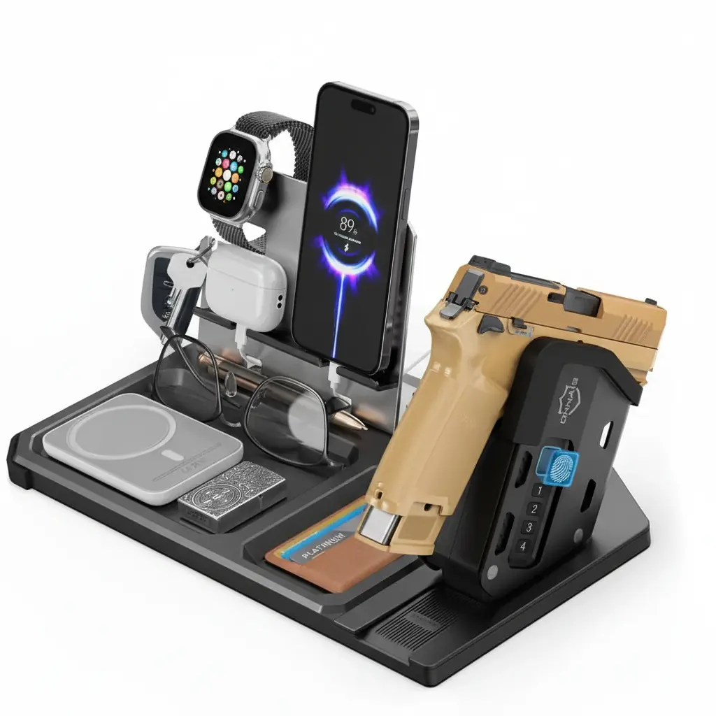 ONNAIS Biometric EDC Desk & Nightstand Organizer with Detachable Pistol Trigger Lock, Fingerprint/PIN/Key Access, Phone & Watch Valet Tray, Gift for Men