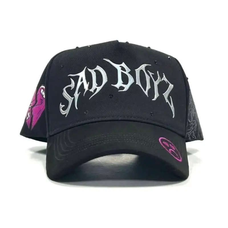 Sad Boyz Black Baseball Cap with Silver Embroidery and Pink Heart Logo for Men